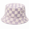 Chapeau bob taille unique en tissu violet et blanc à carreaux avec œillets