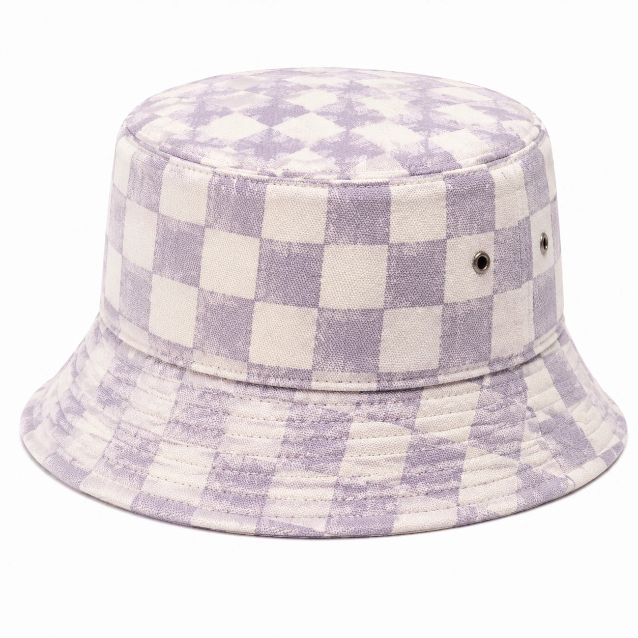 Chapeau bob taille unique en tissu violet et blanc à carreaux avec œillets