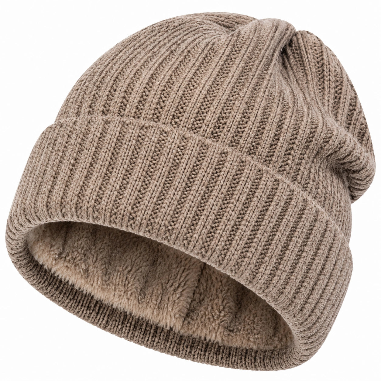 Bonnet en maille taille unique beige doublé polaire à revers