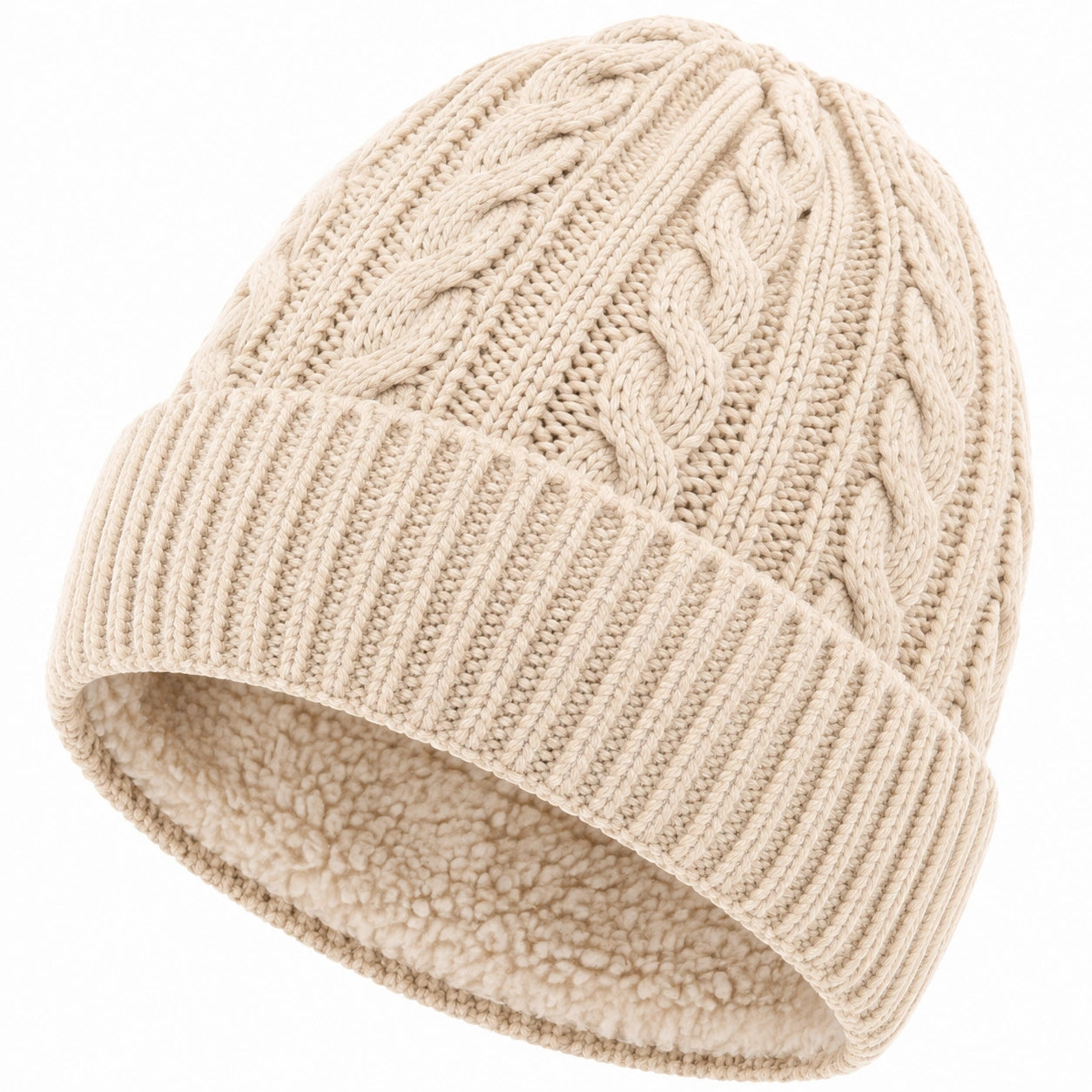 Bonnet taille unique en maille beige doublé polaire à torsades