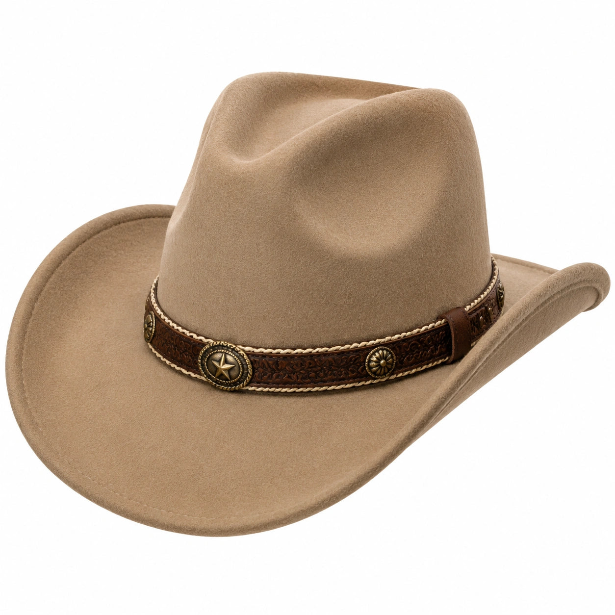 Chapeau cowboy taille unique en textile feutré beige avec bandeau décoratif