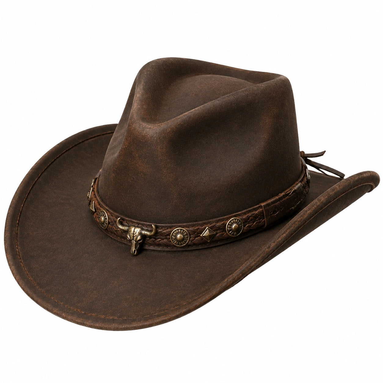 Chapeau taille unique brun en matière synthétique aspect cuir à bord large rétro